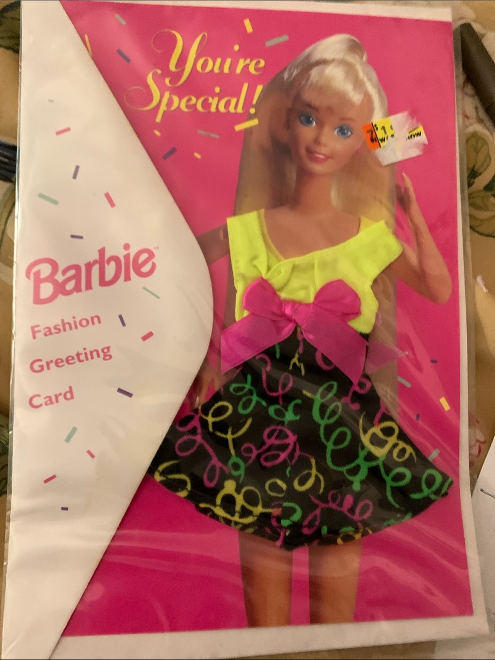 Vintage Barbie Neon Yellow Top with Pink Bow & Black Multicolor Squiggle Skirt